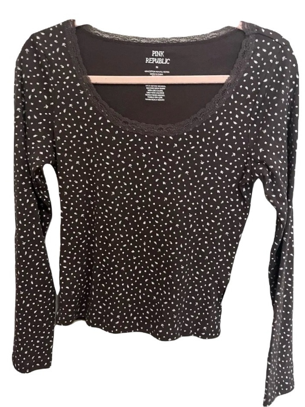 Pink Republic Black Long-Sleeve Scoop Neck Top with White Dot Print